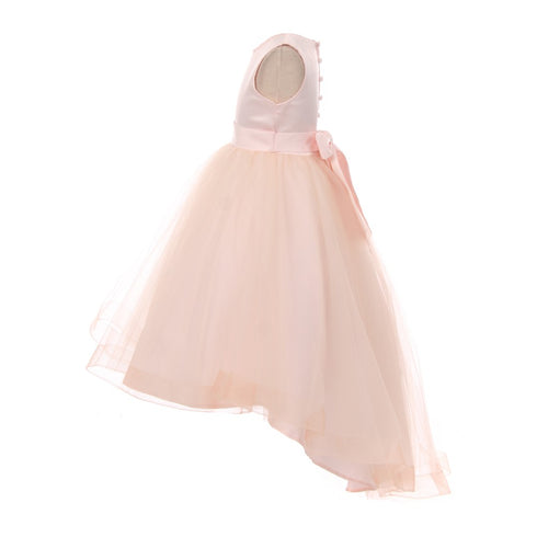 RainKids Big Girls Blush Pearl Hi-Low Satin Tulle Flower Girl Dress 8-12 - SophiasStyle.com